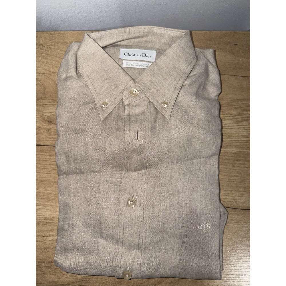 Vintage Christian Dior Pur Lin Linen Men's Shirts Button Up Long Sleeve‎ Sz 40 F